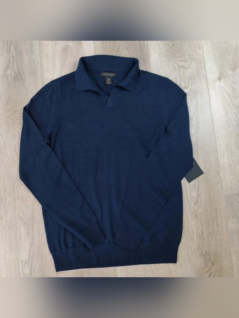 NWT Lachlan British Inspired Men Navy Blue Wool Johnny Collar Sweater Polo Sz M